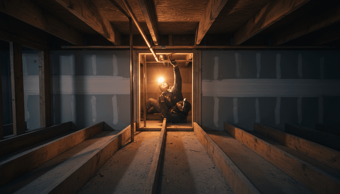 Technician running plumbing lines beneath a dental operatory floor