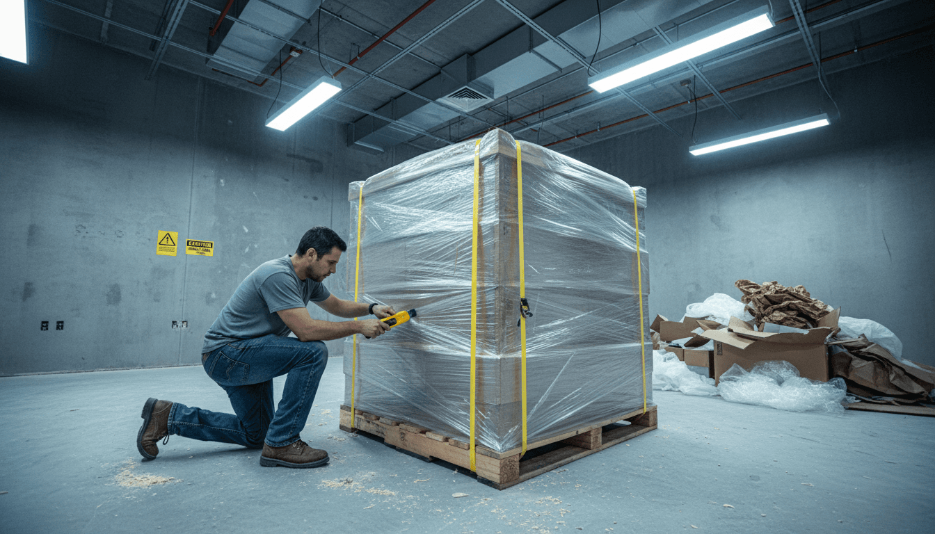 Technician cutting plastic strapping on a pallet of medical equipment boxes