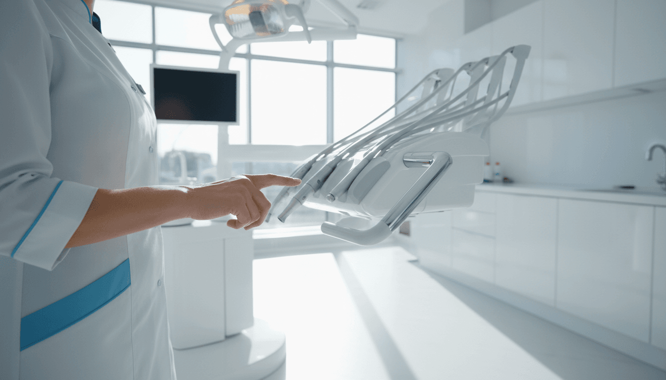 Technician testing controls on a dental delivery system