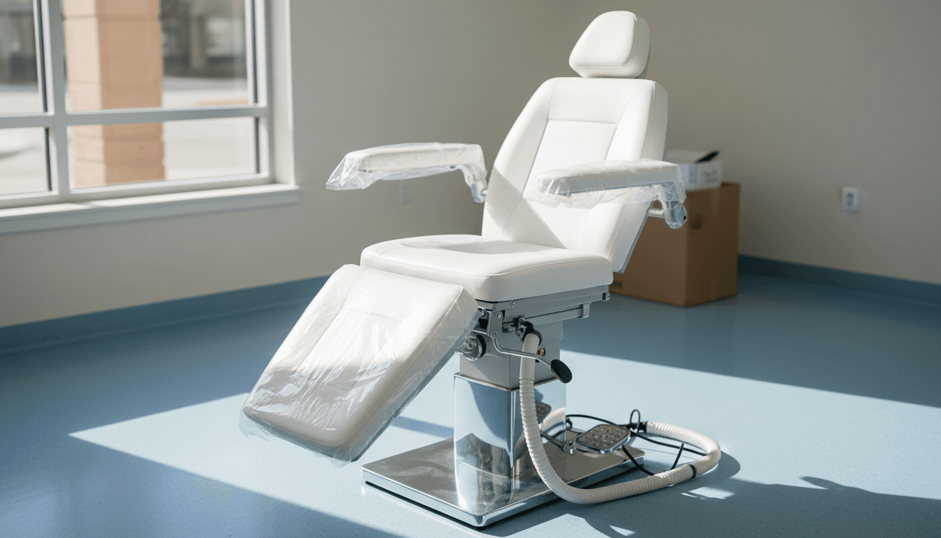 Brand new medical exam chair with plastic wrap on armrests in empty treatment room, Alpharetta