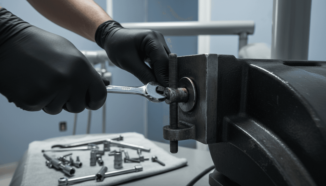 Close-up of hands assembling a dental chair base with tools