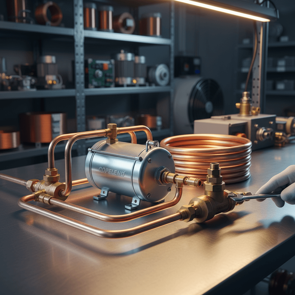 Close-up of compressor installation with wiring and copper tubing visible