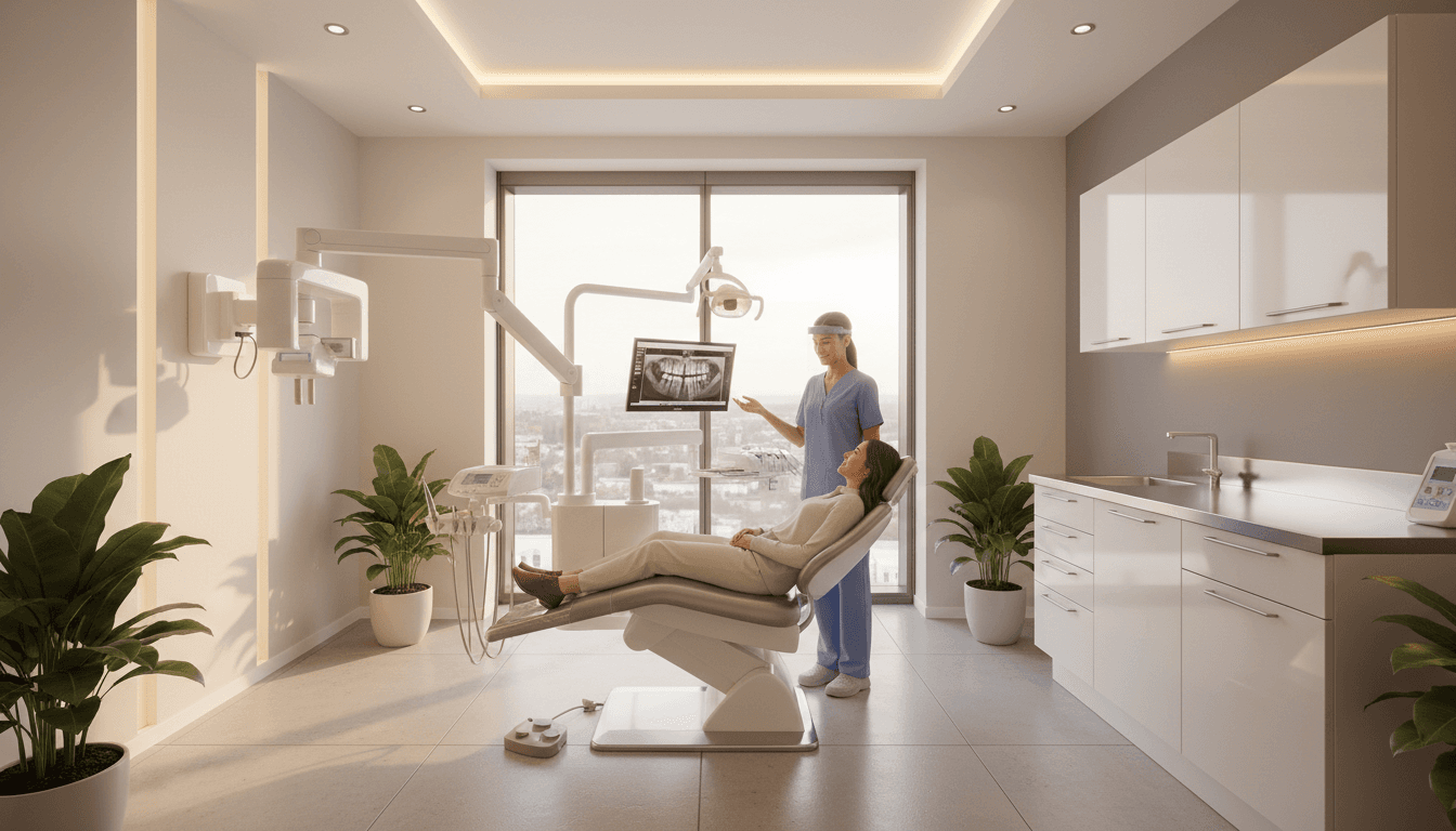 Installer securing a dental chair base with a drill in an empty treatment room