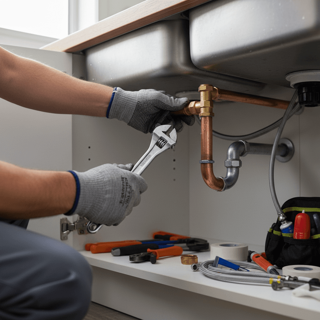 Under-cabinet view of vacuum line connections being installed and secured