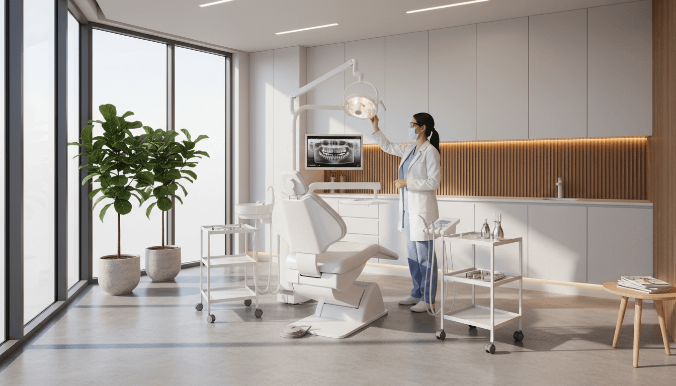 Dental exam room with new equipment being set up by a technician