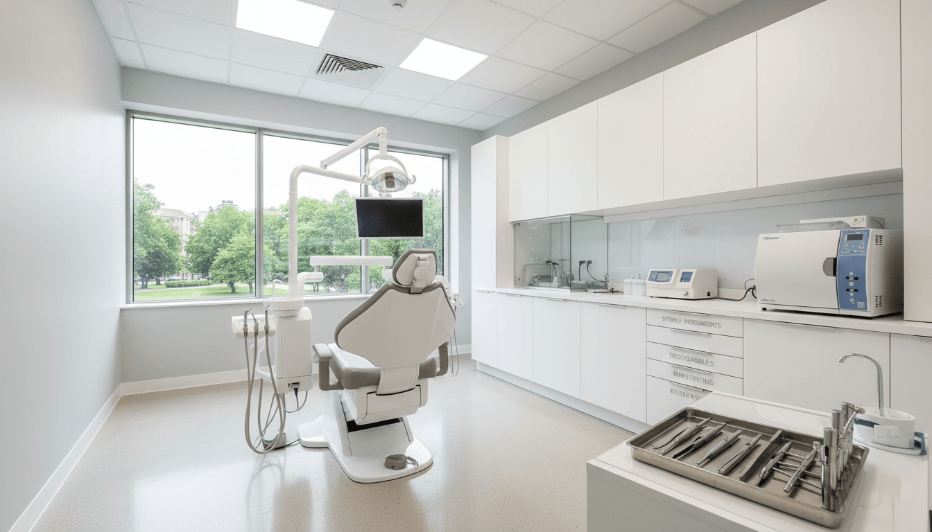 Completed dental operatory with chair, delivery system, and tray table installed