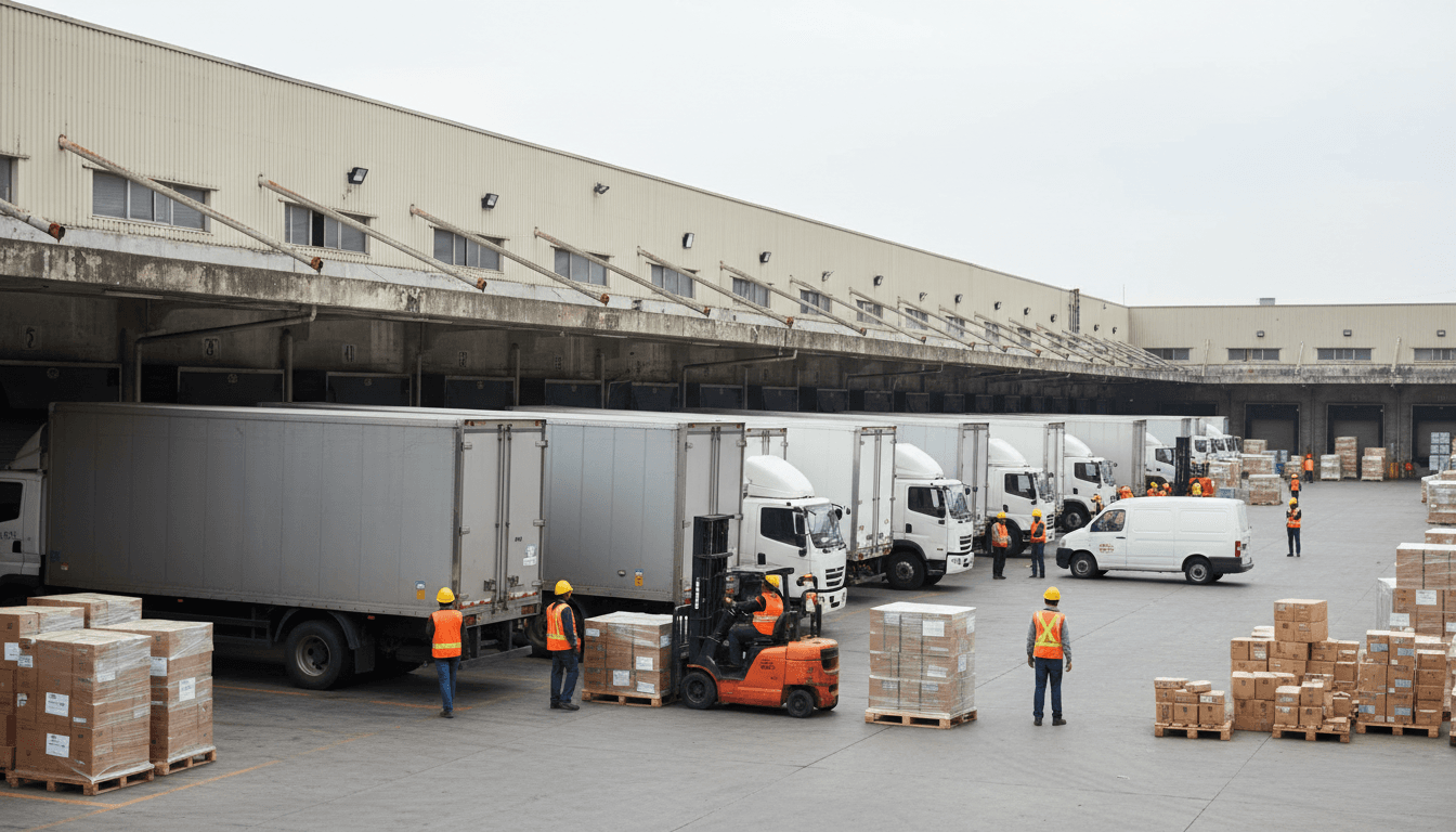 Worker rolling a pallet of equipment off a delivery truck